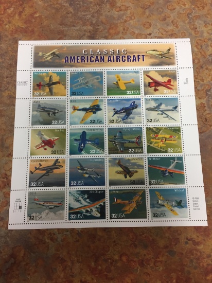 Unused Uncut Sheet of 20 Classic American Aircraft Stamps - $6.40 Face Value