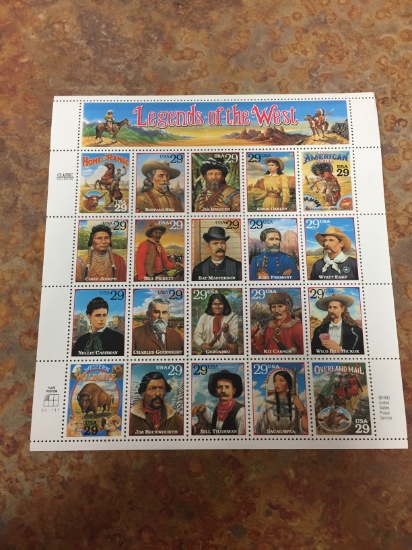 Unused Uncut Sheet of 20 USA Legends of the West Stamps - $5.80 Face Value