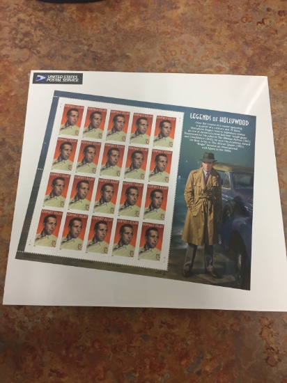 Unused Uncut Sheet of 20 USA Legends of Hollywood - Humphrey Bogart Stamps - $6.40 Face Value