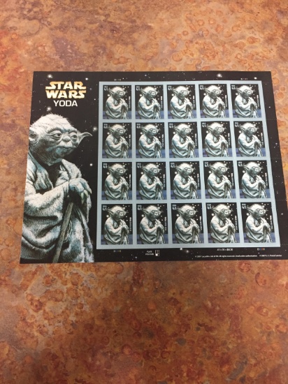 Unused Uncut Sheet of 20 USA Star Wars Yoda Stamps - $8.20 Face Value