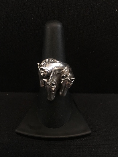 Large "Herd of Horses" Designed Sterling Silver Ring Band - Size 6