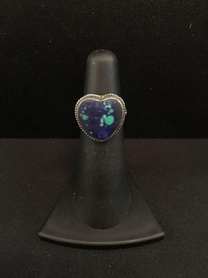Heart Shaped Inlaid Azurite Sterling Silver Ring Band - Size 4