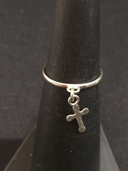 Petite Cross Charm Sterling Silver Band - Size 5