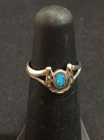 Petite Turquoise Inlaid Horseshoe Styled Sterling Silver Ring Band - Size 3.5