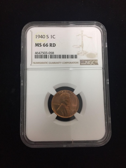 PCGS Graded 1940-S Lincoln Wheat Penny Cent Coin - MS 66 Red