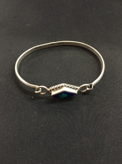 Old Pawn Mexico Azurite Inlaid Sterling Silver Shepard's Hook Bangle Bracelet