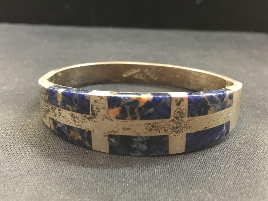 Solid Old Pawn Mexico Sodalite Inlaid Sterling Silver Hinged Bangle Bracelet - 56 Grams