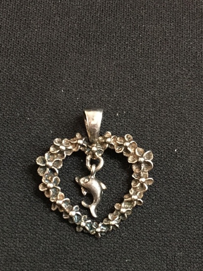 Sterling Silver Floral Designed Sterling Silver Pendant w/ Dolphin Charm