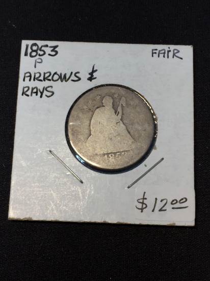 1853 US Seated Quarter W/ Arrows & Rays 90% Silver Coin - Fair