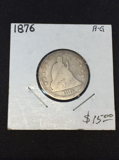1876 US Seated Quarter W/ Arrows & Rays 90% Silver Coin - AG-3