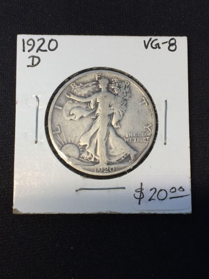 1920-D United States Walking Liberty Half Dollar 90% Silver Coin - VG-8