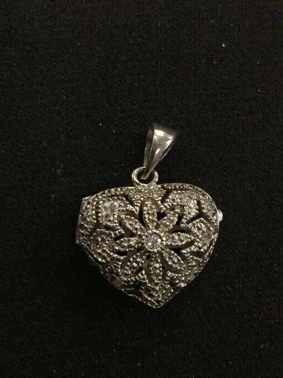 Rhinestone Accented Filigree Styled Sterling Silver Heart Locket Pendant