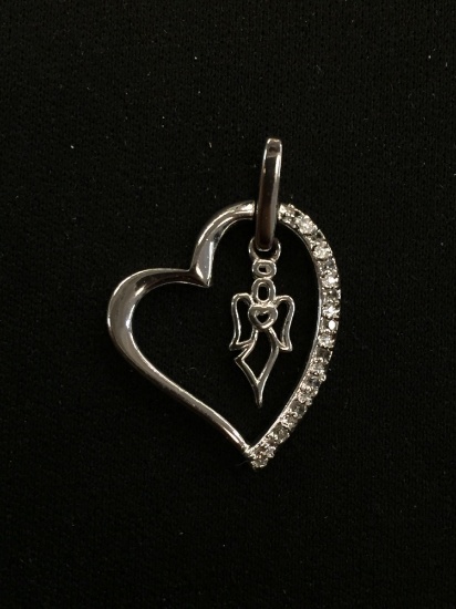 Rhinestone Accented Sterling Silver Heart Pendant w/ Angel Charm