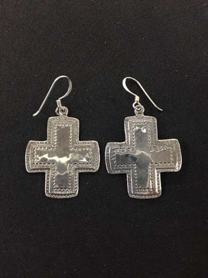 Hand-Stamped Sterling Silver Large Cross Style Pair of Earrings