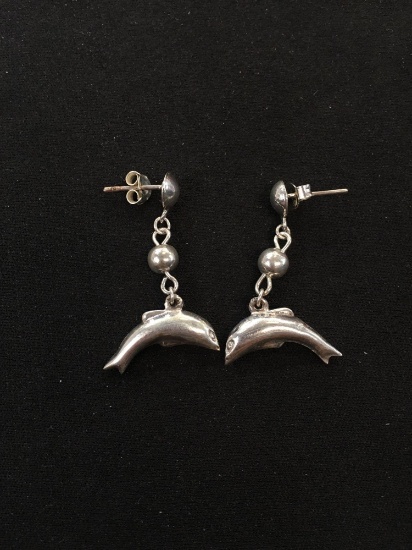 Bead Ball & Dolphin Styled Sterling Silver Pair of Earrings