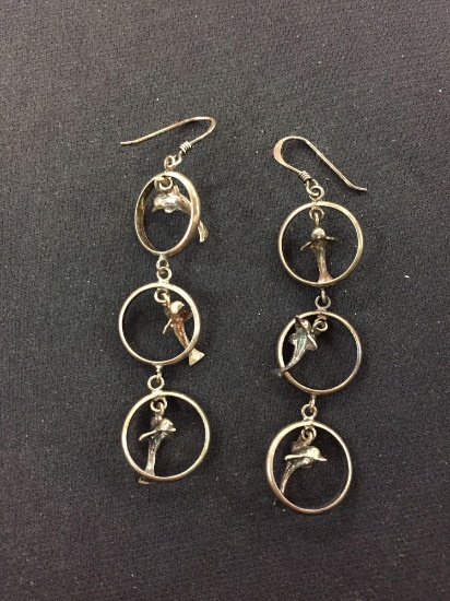 Triple Dolphin Hoop Styled Sterling Silver Pair of Dangle Earrings