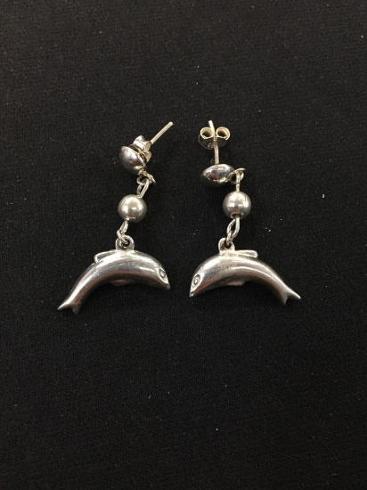 Bead Ball & Dolphin Styled Sterling Silver Pair of Earrings