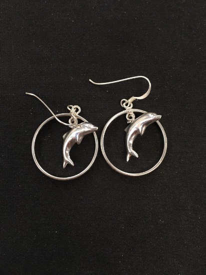 Large Dolphin Hoop Styled Sterling Silver Pair of Earrings