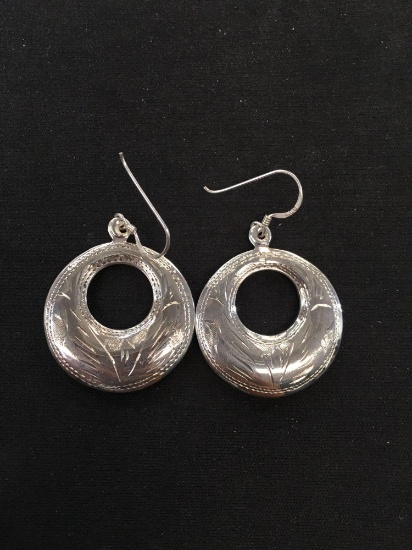 Hand-Etched Large Disc Shaped Sterling Silver Pair of Earrings