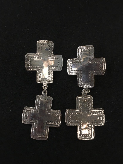 Hand-Stamped Sterling Silver Large Double Cross Style Pair of Earrings