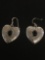 Onyx Inlaid Hand-Etched Heart Shaped Sterling Silver Pair of Earrings