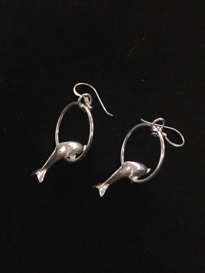 Dolphin Charm & Hoop Styled Sterling Silver Pair of Earrings