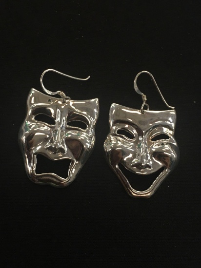 Extra Large Playhouse Styled Comedy & Tragedy Sterling Silver Pair of Earrings