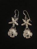 Starfish & Sand Dollar Styled Sterling Silver Pair of Drop Earrings