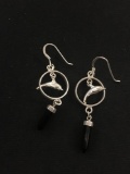 Crystal Faceted Onyx & Dolphin Charm Sterling Silver Pair of Dangle Earrings