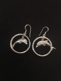 Extra Large Dolphin Hoop Styled Sterling Silver Pair of Dangle Earrings