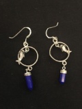Crystal Faceted Lapis & Dolphin Charm Sterling Silver Pair of Dangle Earrings