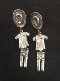 Western Styled Jeans, Shirt & Cowboy Hat Sterling Silver Pair of Dangle Earrings