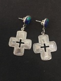 Azurite Inlaid Hand-Etched Large Cross Styled Sterling Silver Pair of Dangle Earrings