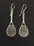 Tennis Racket Styled Large Sterling Silver Pair of Drop Earrings