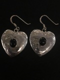 Onyx Inlaid Hand-Etched Heart Shaped Sterling Silver Pair of Earrings