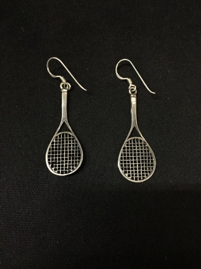 Tennis Racket Styled Large Sterling Silver Pair of Drop Earrings