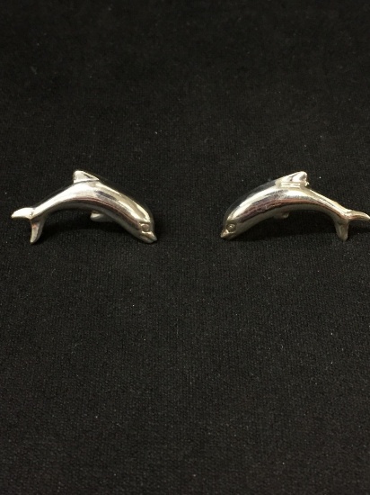 Jumping Dolphin Styled Sterling Silver Pair of Stud Earrings