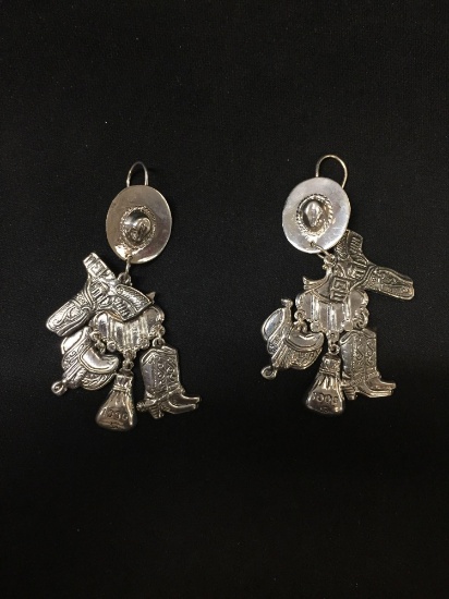 Western Themed Boot, Saddle & Hat Styled Sterling Silver Pair of Chandelier Earrings