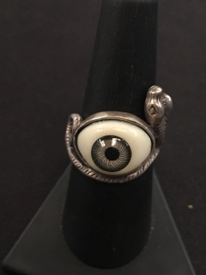 Amazing Carved Sterling Silver Snake Ring W/ Enamel Eye - Size 8