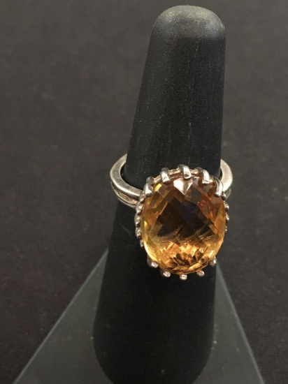 Checkerboard Cut Orange Gemstone Sterling Silver Ring - Size 5.75