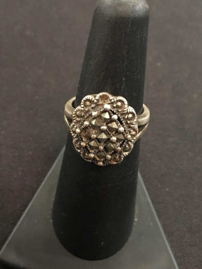 Marcasite Lined Vintage Sterling Silver Ring - Size 5.5