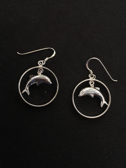 Large Dolphin Hoop Charm Sterling Silver Pair of Dangle Earrings