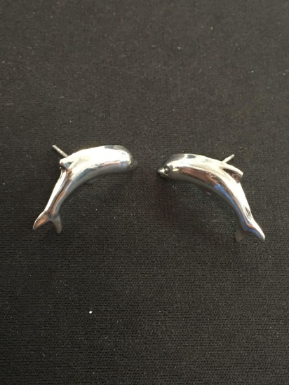 Large Jumping Dolphin Styled Sterling Silver Pair of Stud Earrings