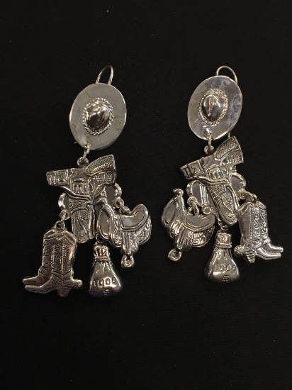 Western Styled Boot, Saddle & Cowboy Hat Sterling Silver Pair of Chandelier Earrings