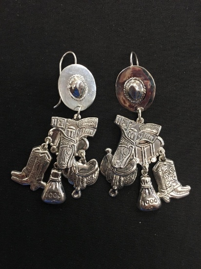 Western Styled Boot, Saddle & Cowboy Hat Sterling Silver Pair of Chandelier Earrings