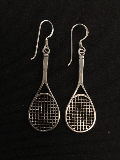 Tennis Racket Styled Large Sterling Silver Pair of Drop Earrings