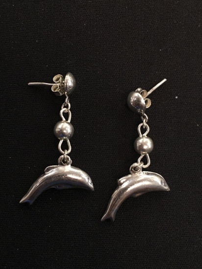 Bead Ball & Dolphin Styled Sterling Silver Pair of Dangle Earrings