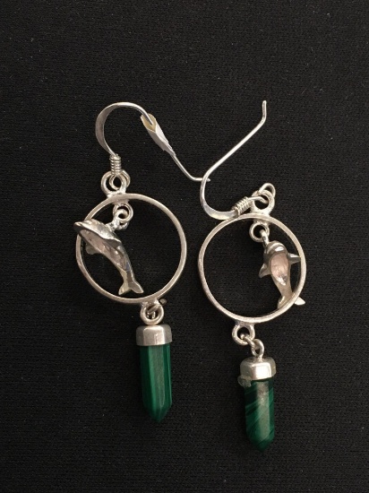 Crystal Faceted Malachite & Dolphin Hoop Charm Sterling Silver Pair of Dangle Earrings