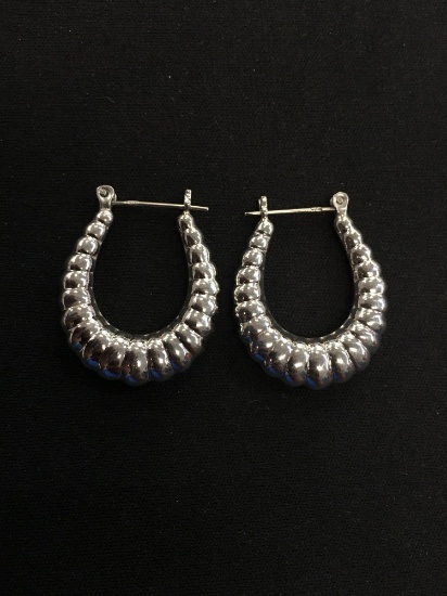Scallop Accented Large Sterling Silver Pair of Hoop Earrings