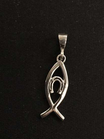 Lucky Horseshoe & Ichthys Christian Faith Fish Styled Sterling Silver Pendant